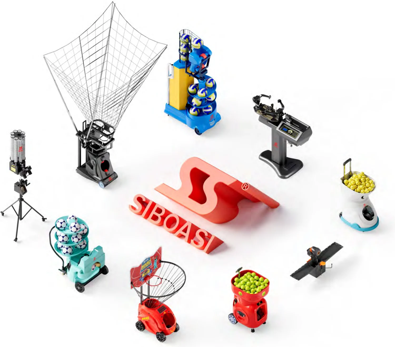 The SIBOASI intelligent ball machine family — tennis, badminton, volleyball, football, basketball and more